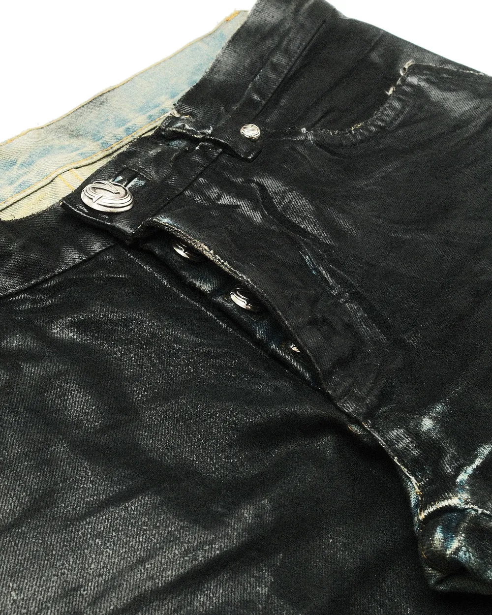 REX WAXED JEAN black button fly detail